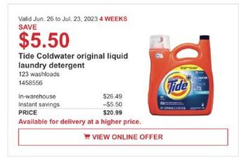 Costco Tide coldwater original liquid laundry detergent offer