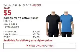 Costco Karbon men's active t-shirt offer