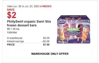 Costco Phillyswirl organic swirl stix frozen dessert bars offer