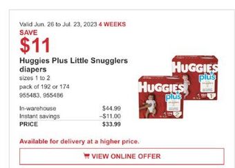 Costco Huggies plus little snugglers diapers offer