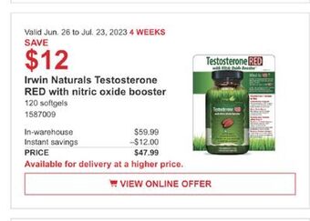 Costco Irwin naturals testosterone red with nitric oxide booster offer