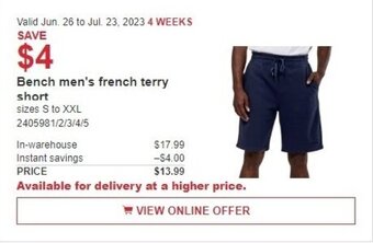 Costco Bench men's french terry short offer