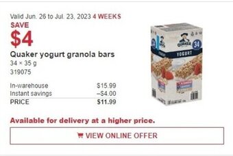 Costco Quaker yogurt granola bars offer