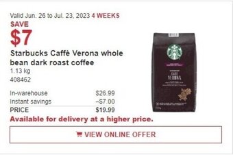 Costco Starbucks Caffè Verona whole bean dark roast coffee offer