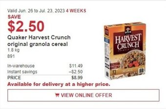 Costco Quaker Harvest Crunch original granola cereal offer