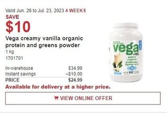 Costco Vega creamy vanilla organic protein and greens powder offer
