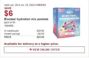 Costco Biosteel hydration mix packets offer