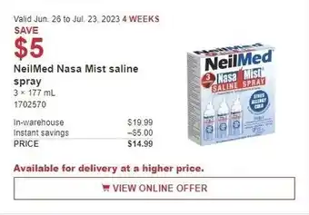Costco NeilMed Nasa Mist saline spray offer