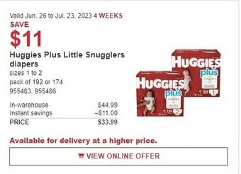 Costco Huggies Plus Little Snugglers diapers offer