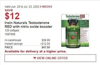 Costco Irwin Naturals Testosterone RED with nitric oxide booster offer