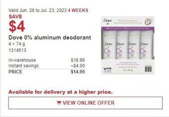 Costco Dove 0% aluminum deodorant offer