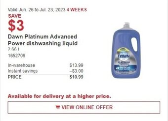 Costco Dawn Platinum Advanced Power dishwashing liquid offer