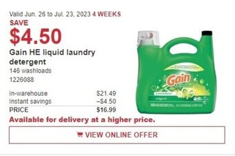 Costco Gain HE liquid laundry detergent offer