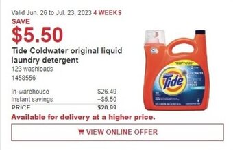 Costco Tide Coldwater original liquid laundry detergent offer
