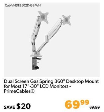 Shopper+ Dual screen gas spring 360° desktop mount for most 17-30 lcd monitors - primecables offer