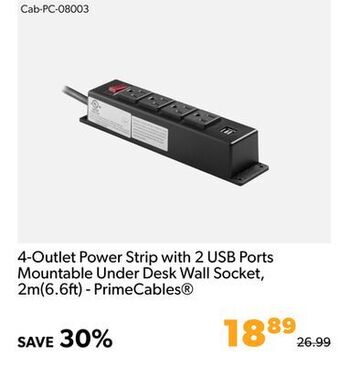 Shopper+ 4-outlet power strip with 2 usb ports mountable under desk wall socket, 2m (6.6ft) - primecables offer