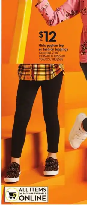 Giant Tiger Girls Peplum Top or Fashion Leggings offer