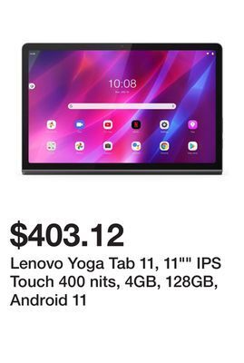 Newegg Lenovo yoga tab 11, 11 ips touch 400 nits, 4gb, 128gb, android 11 offer