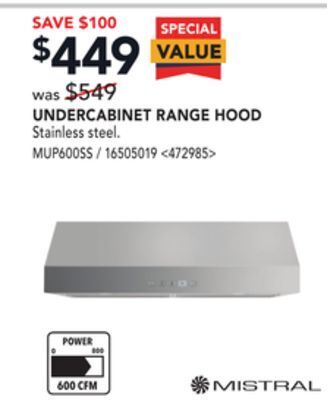 Lowe's Mistral undercabinet range hood offer
