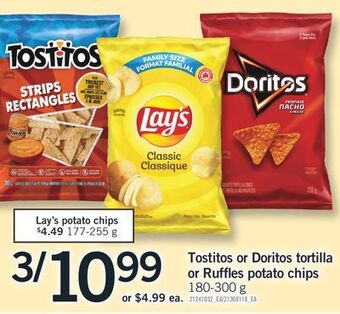Fortinos Tostitos or doritos tortilla or ruffles potato chips, 180-300 g offer