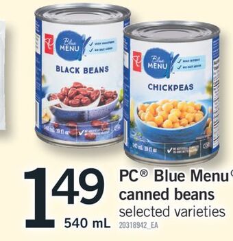 Fortinos Pc® blue menu canned beans, 540 ml offer