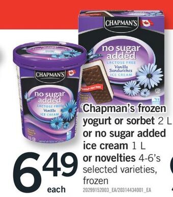 Fortinos Chapman's frozen yogurt or sorbet 2 l or no sugar added ice cream 1 l or novelties 4-6's offer