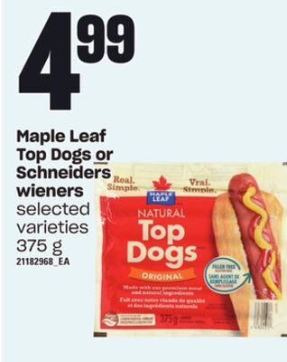 Loblaws Maple leaf top dogs or schneiders wieners, 375 g offer