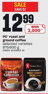 Loblaws Pc® roast and ground coffee, 875/930 g offer