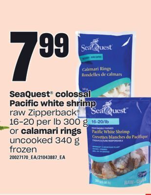 Loblaws Seaquest® colossal pacific white shrimp raw zipperback®, 16-20 per lb 300 g or calamari rings uncooked, 340 g offer