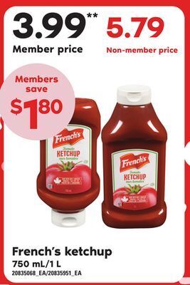 Loblaws French's ketchup, 750 ml/1 l offer