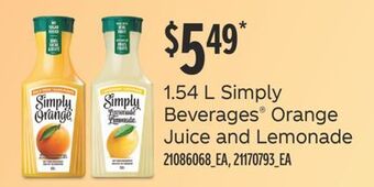 Fortinos 1.54 l simply beverages® orange juice and lemonade offer