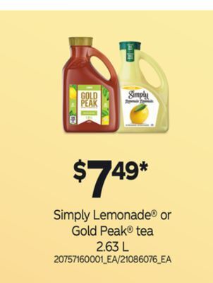 Loblaws Simply lemonade® or gold peak® tea, 2.63 l offer