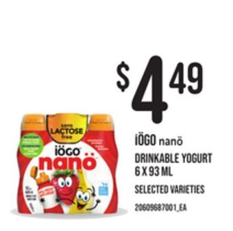Loblaws Iögo nanö drinkable yogurt, 6 x 93 ml offer