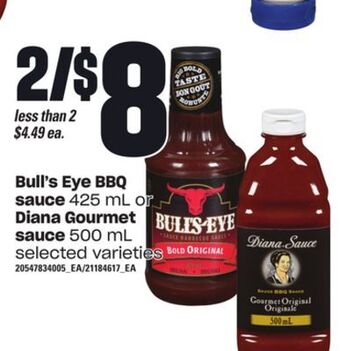 Loblaws Bull's eye bbq, 425 ml or diana gourmet sauce, 500 ml offer