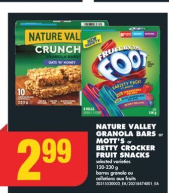 No Frills Nature valley granola bars or mott's or betty crocker fruit snacks, 120-230 g offer