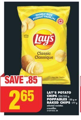 No Frills Lay's potato chips, 220/235 g, poppables, 130 g or baked chips, 177 g offer