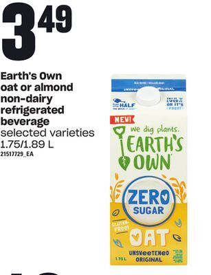 Loblaws Earth's own oat or almond non-dairy refrigerated beverage, 1.75/1.89 l offer