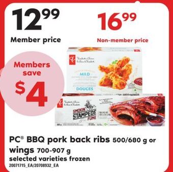 Loblaws Pc® bbq pork back ribs, 500/680 g or wings, 700-907 g offer