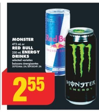 No Frills Monster, 473 ml or red bull, 250 ml energy drinks offer