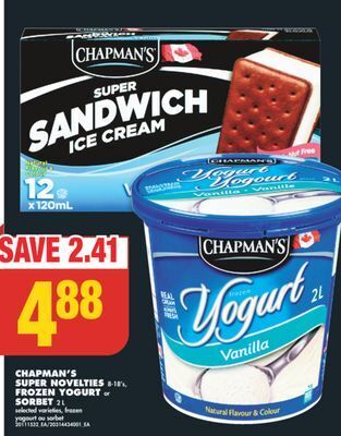 No Frills Chapman's super novelties, 8-18's, frozen yogurt or sorbet, 2 l offer