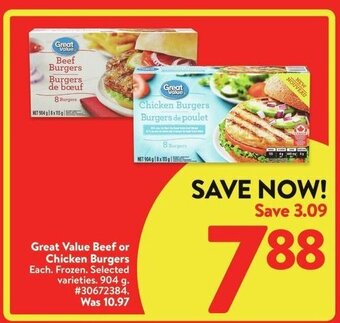 Walmart Great Value Beef or Chicken Burgers offer