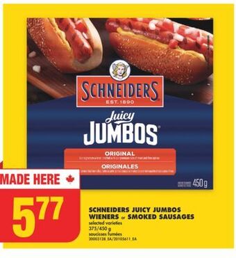 No Frills Schneiders juicy jumbos wieners or smoked sausages, 375/450 g offer