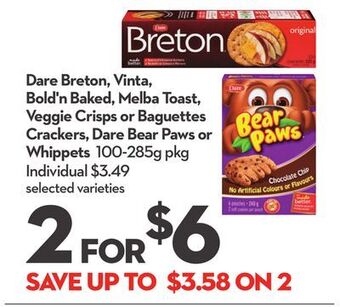 Longo's Dare breton, vinta, bold'n baked, melba toast, veggie crisps or baguettes crackers, dare bear paws or whippets offer