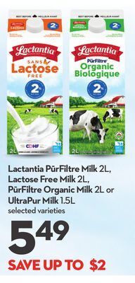 Longo's Lactantia pūrfiltre milk 2l, lactose free milk 2l, pūrfiltre organic milk 2l or ultrapur milk 1.5l offer