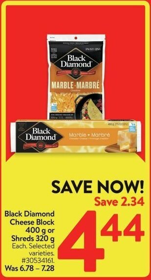 Walmart Black Diamond Cheese Block 400 g or Shreds 320 g offer