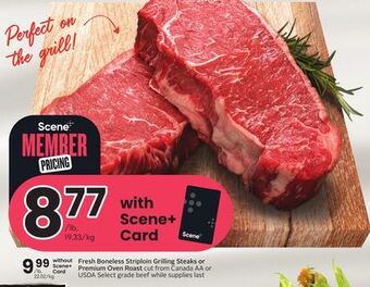 Sobeys Fresh boneless striploin grilling steaks or premium oven roast offer