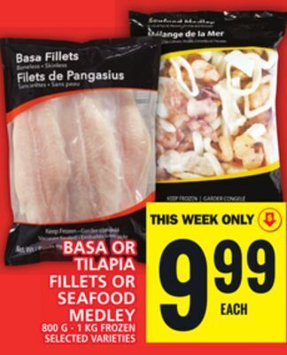 Food Basics Basa or tilapia fillets or seafood medley offer