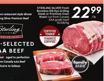 Sobeys Sterling silver fresh boneless rib eye grilling steak or premium oven roast offer