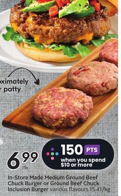 Sobeys In-store made medium ground beef chuck burger or ground beef chuck inclusion burger offer