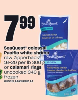 Independent Grocer Seaquest® colossal pacific white shrimp raw zipperback®, 16-20 per lb 300 g or calamari rings uncooked, 340 g offer